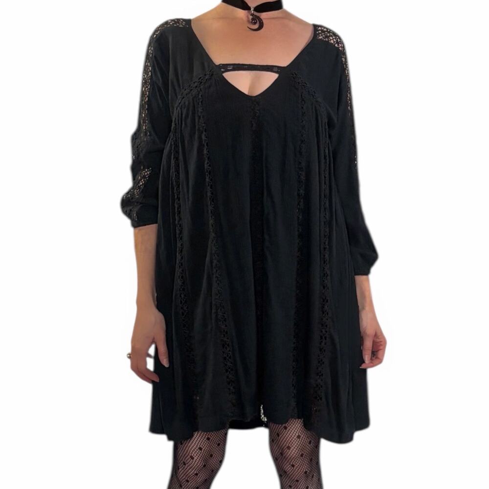 AE Black Gauzy Peasant Dress Crochet Eyelet Details Bohemian Festival Style Sz M